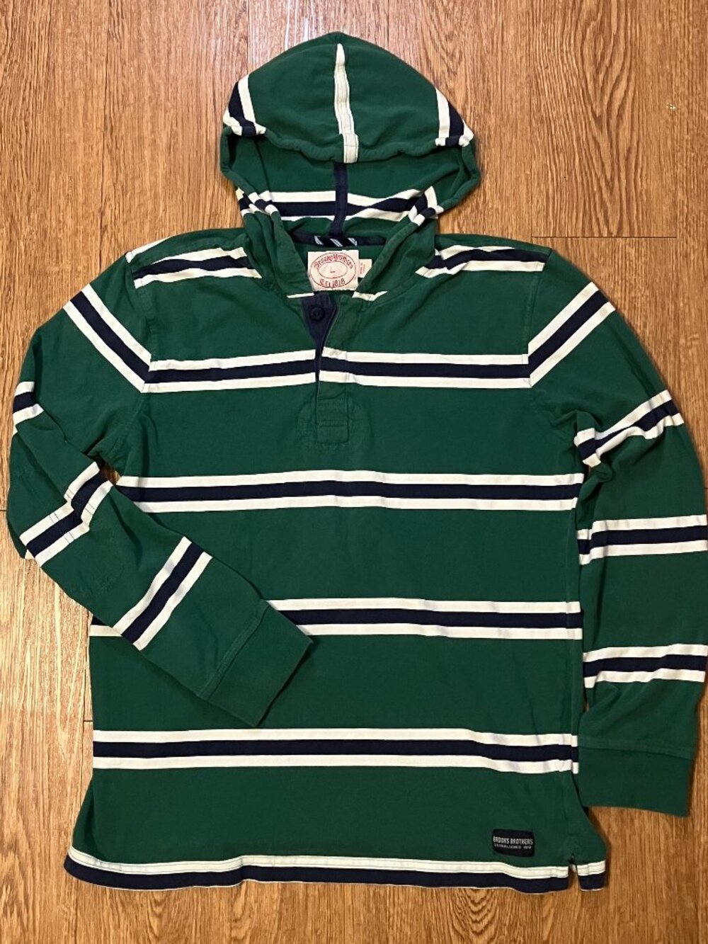Brooks Brothers Long Sleeve Hooded Henley Shirt Green Stripe Rugby Style